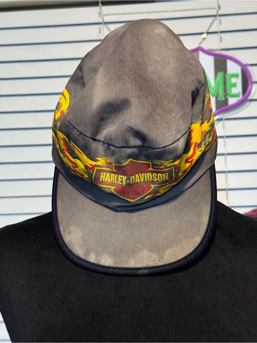 Vintage 1980 Harley-Davidson Gray painters Cap with Yellow and Red Flame Logo